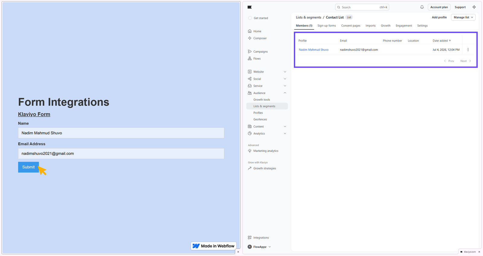 Showing data transfer from webflow published site to Klaviyo Audience