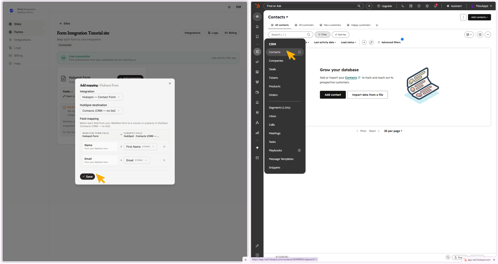 Integration Hubspot mapping window