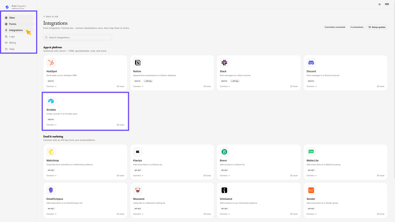 On Integration menu selecting Airtable