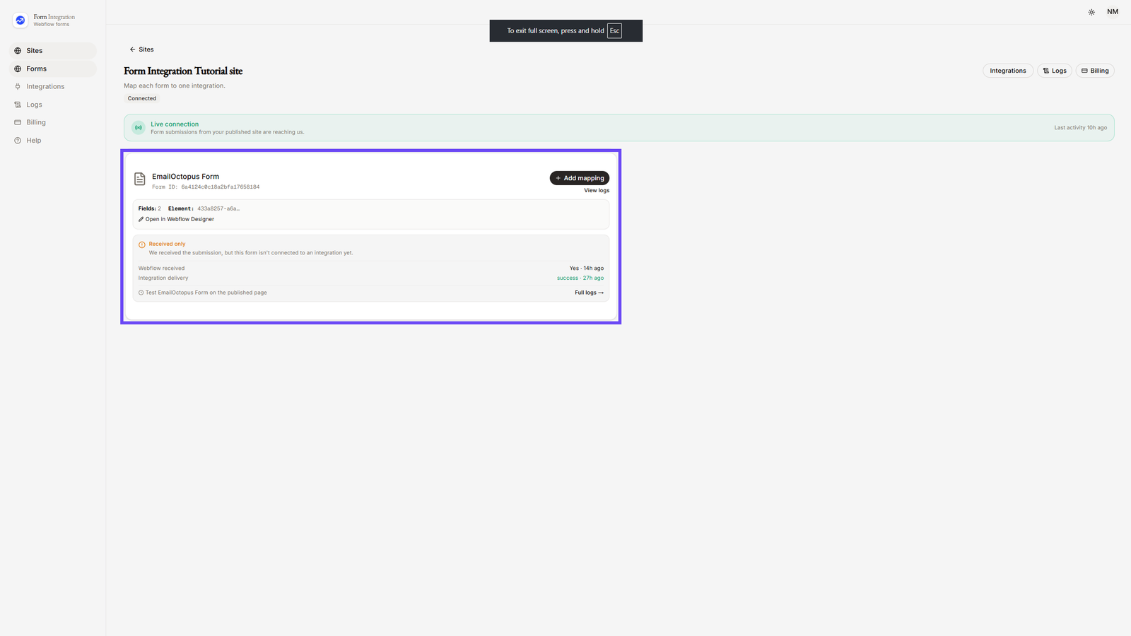 Selecting EmailOctopus Form in App Dashboard