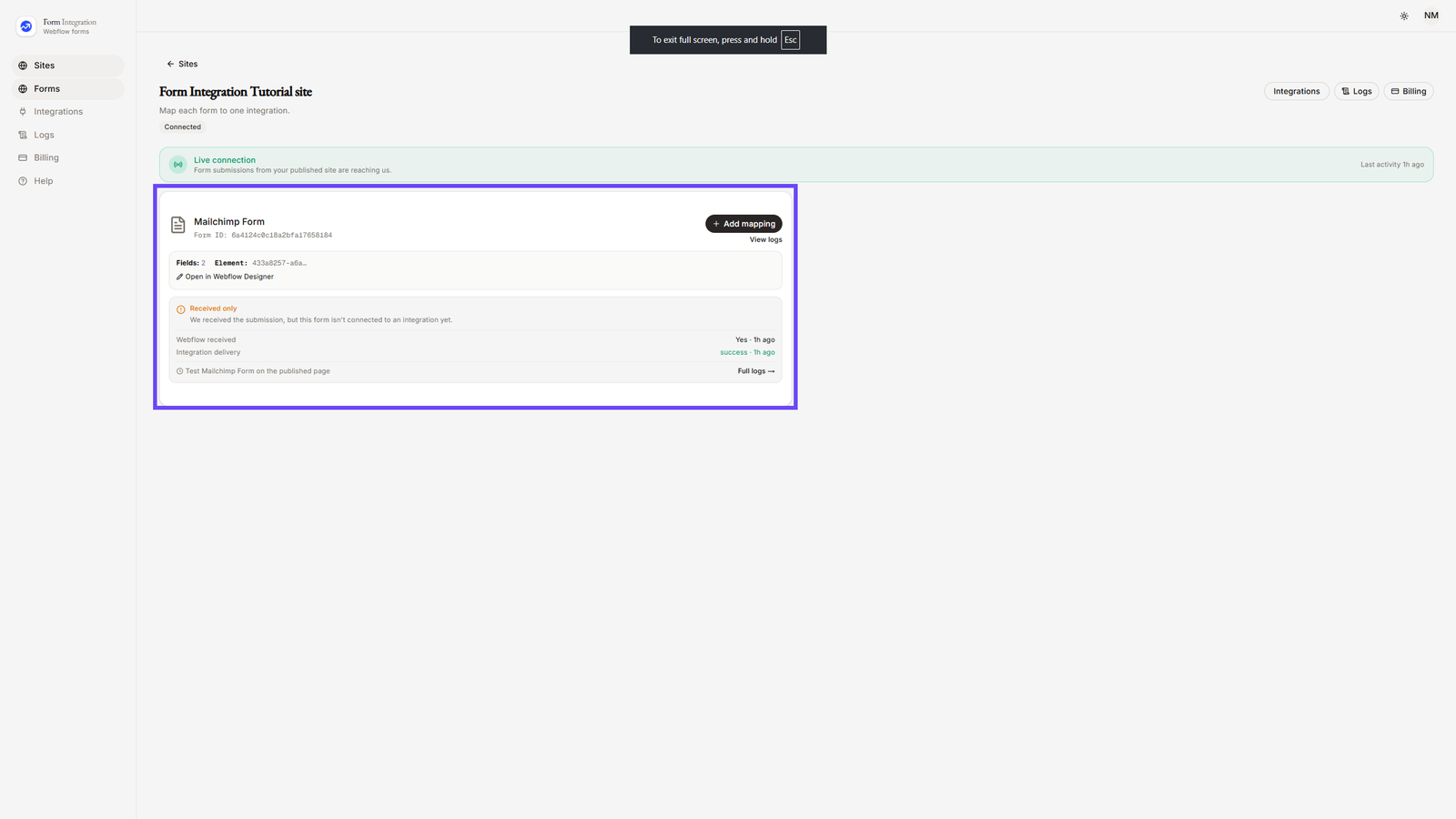 Selecting Mailchimp Form in App Dashboard