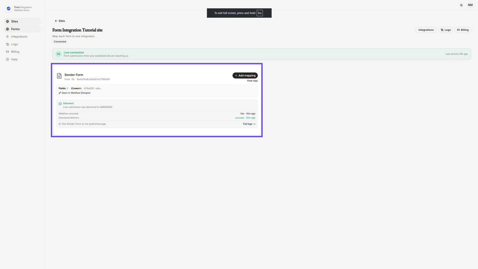 Selecting Sender Form in App Dashboard