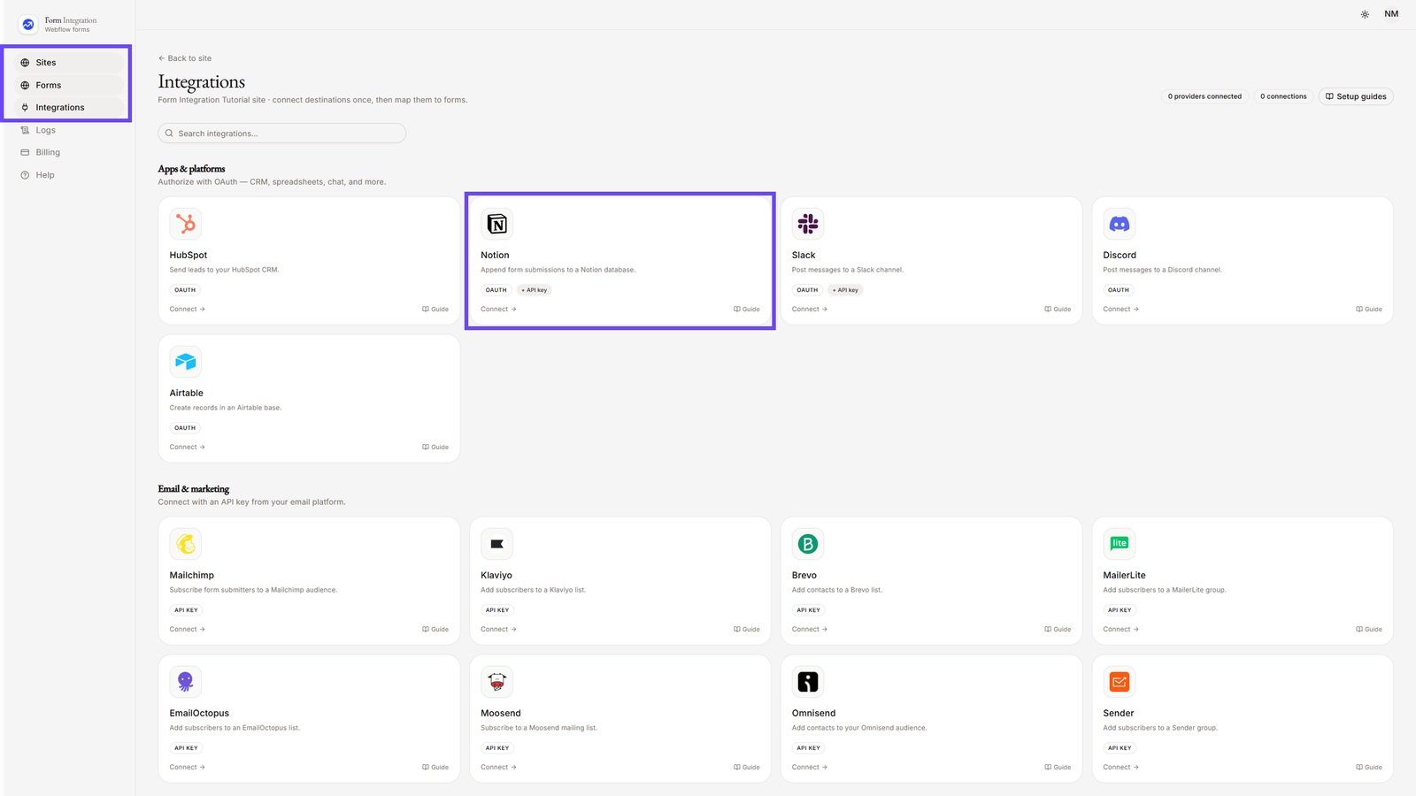On Integration menu selecting Notion