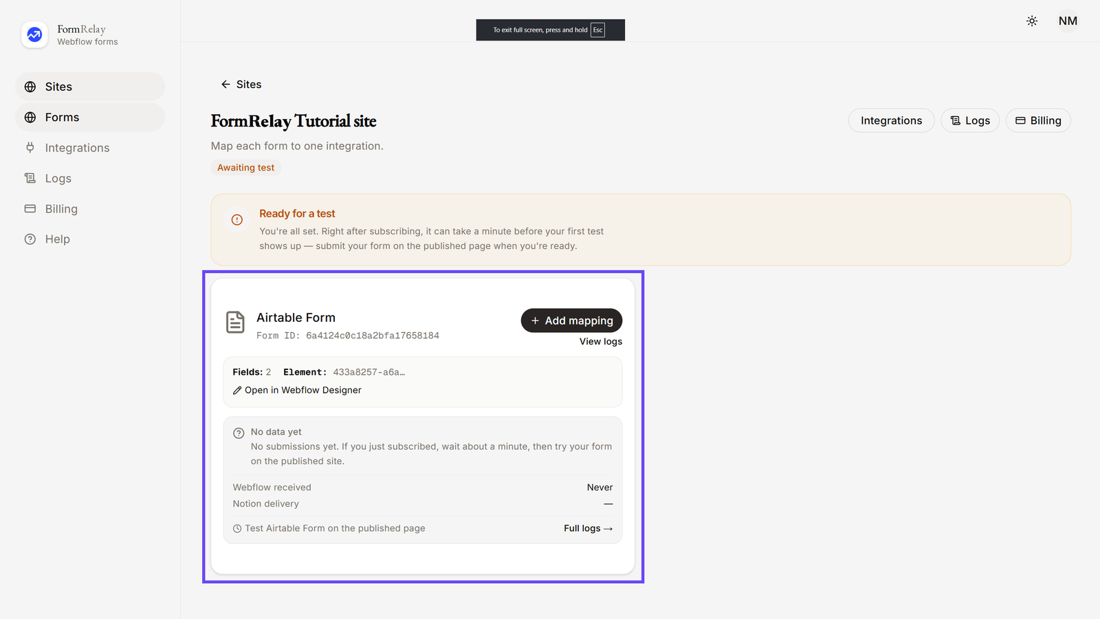 Selecting Airtable Form in App Dashboard