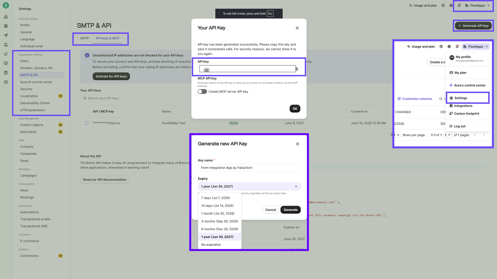Generating an API key in Brevo