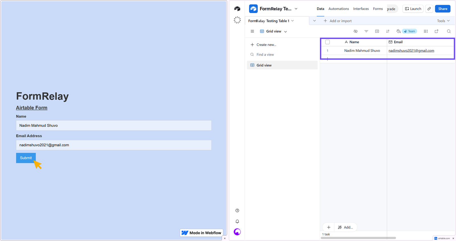 Showing data transfer from webflow published site to Airtable database