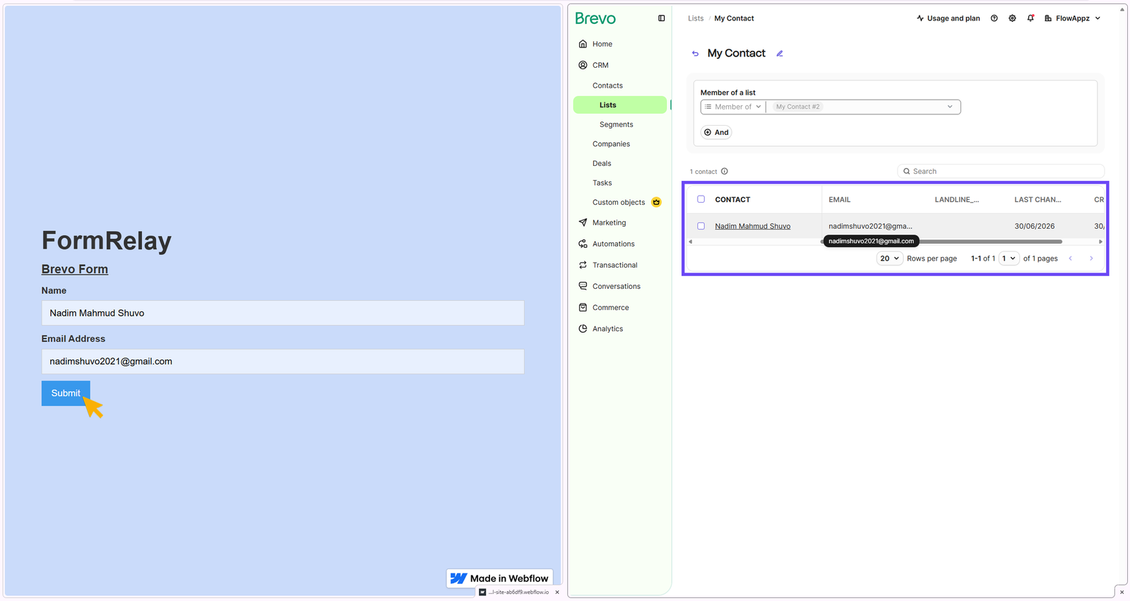 Showing data transfer from webflow published site to brevo contacts lists