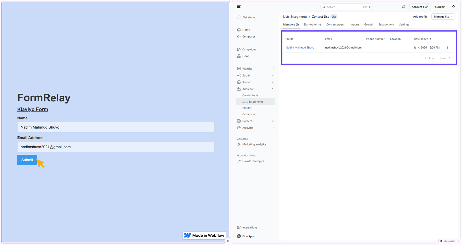 Showing data transfer from webflow published site to Klaviyo Audience