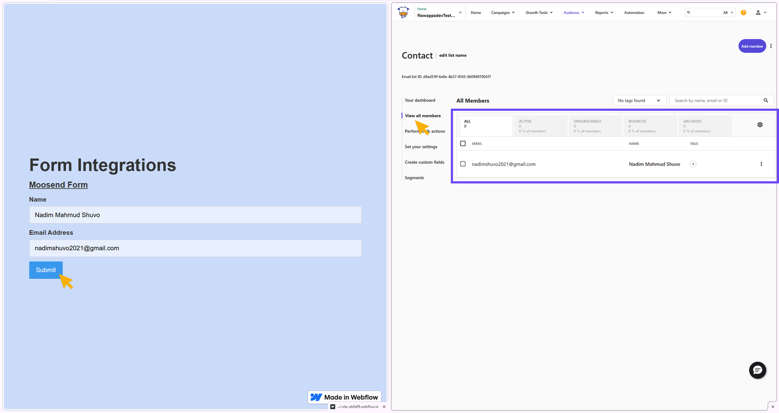 Showing data transfer from webflow published site to Moosend Audience -> Email lists