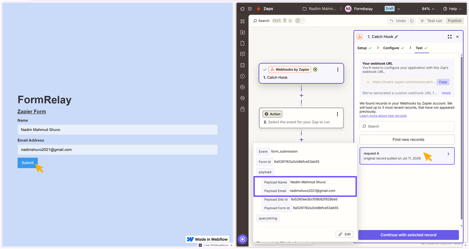 Showing data transfer from webflow published site to Webhook Dashboard