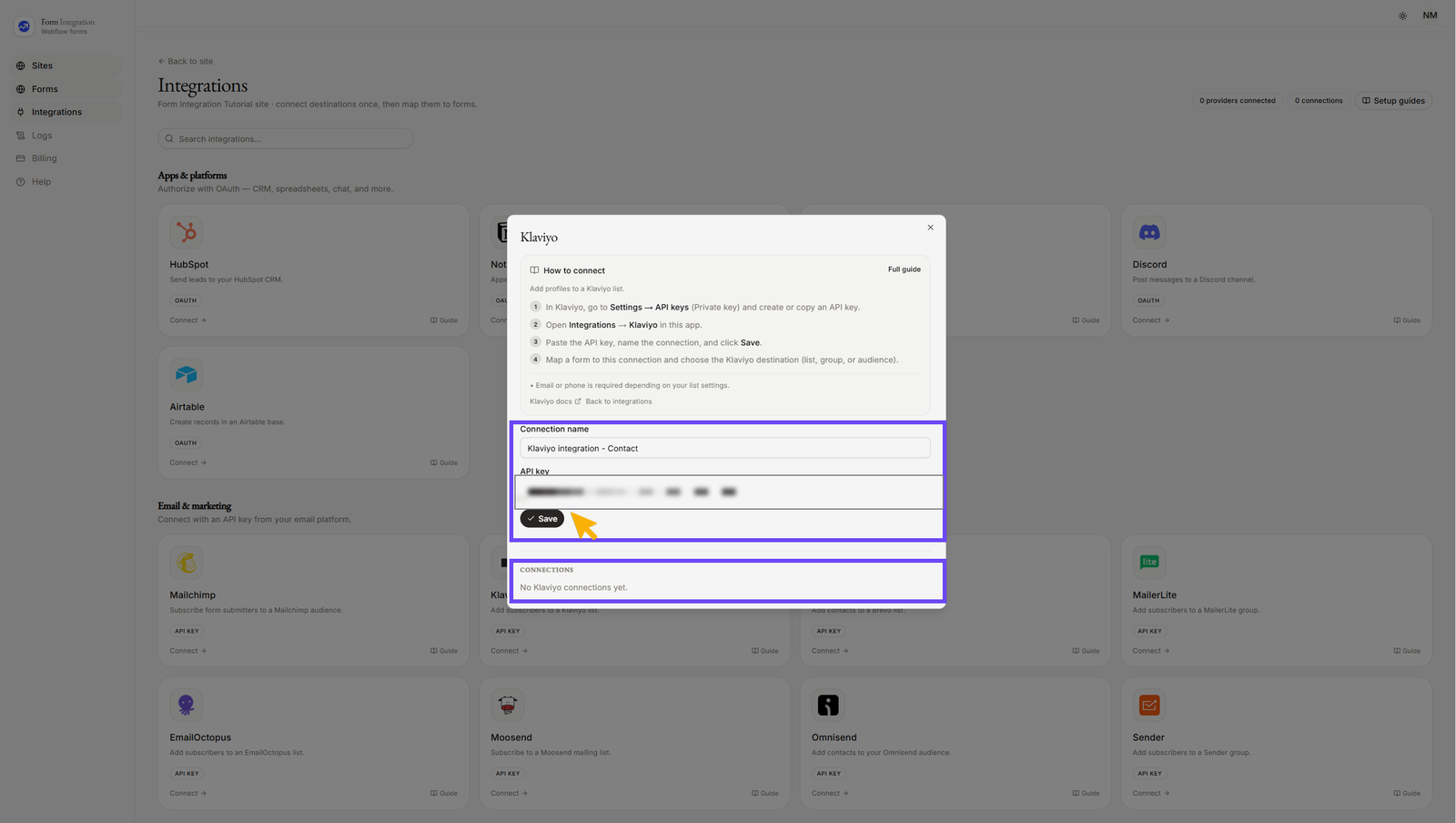 Integration Klaviyo popup window