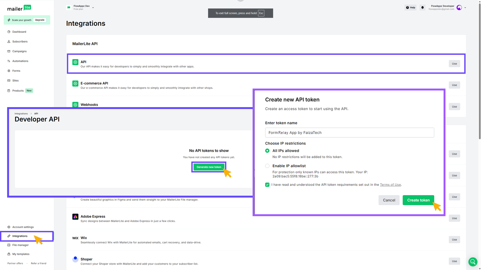 Generating an API key in MailerLite
