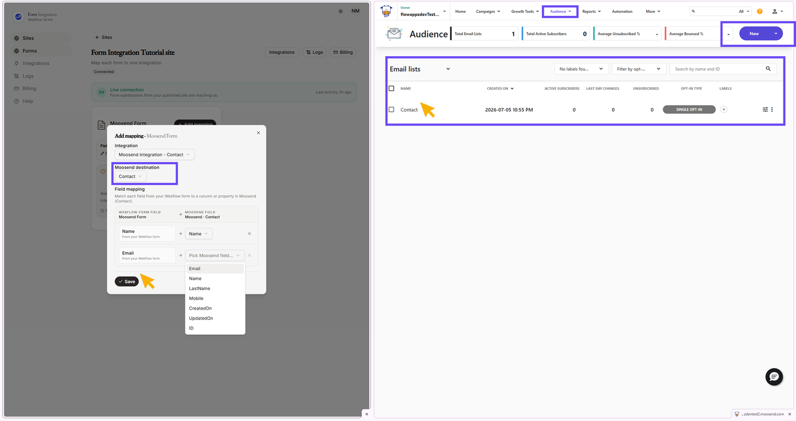 Integration Moosend mapping window