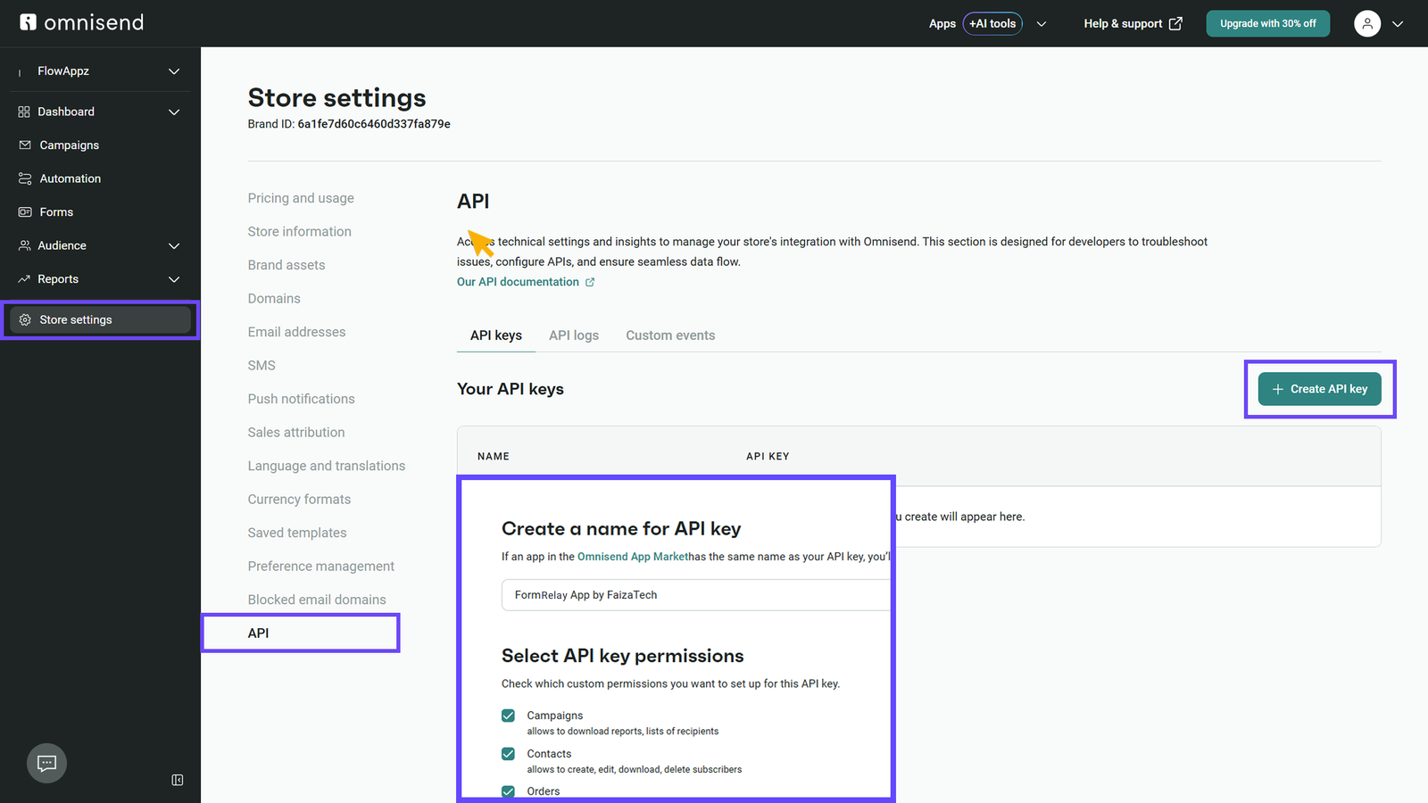 Generating an API key in Omnisend