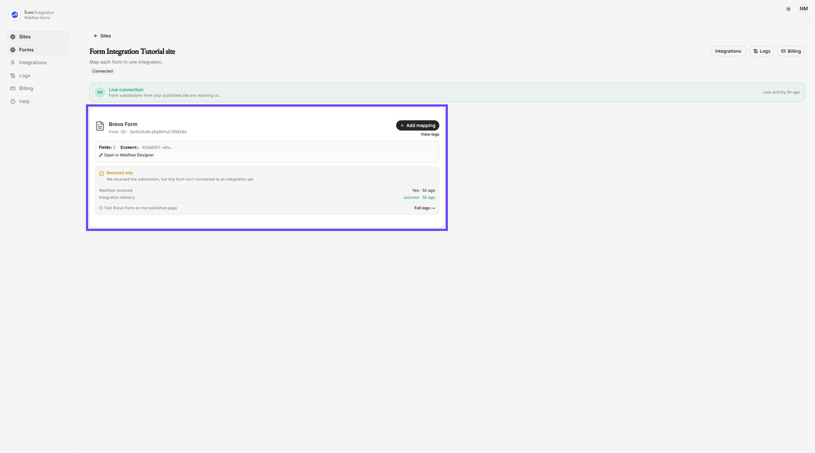 Selecting Brevo Form in App Dashboard