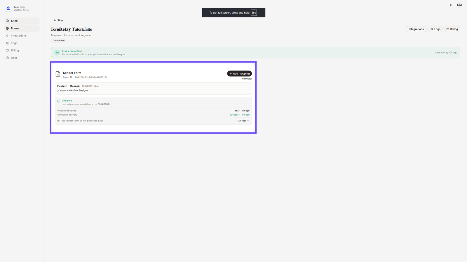 Selecting Sender Form in App Dashboard