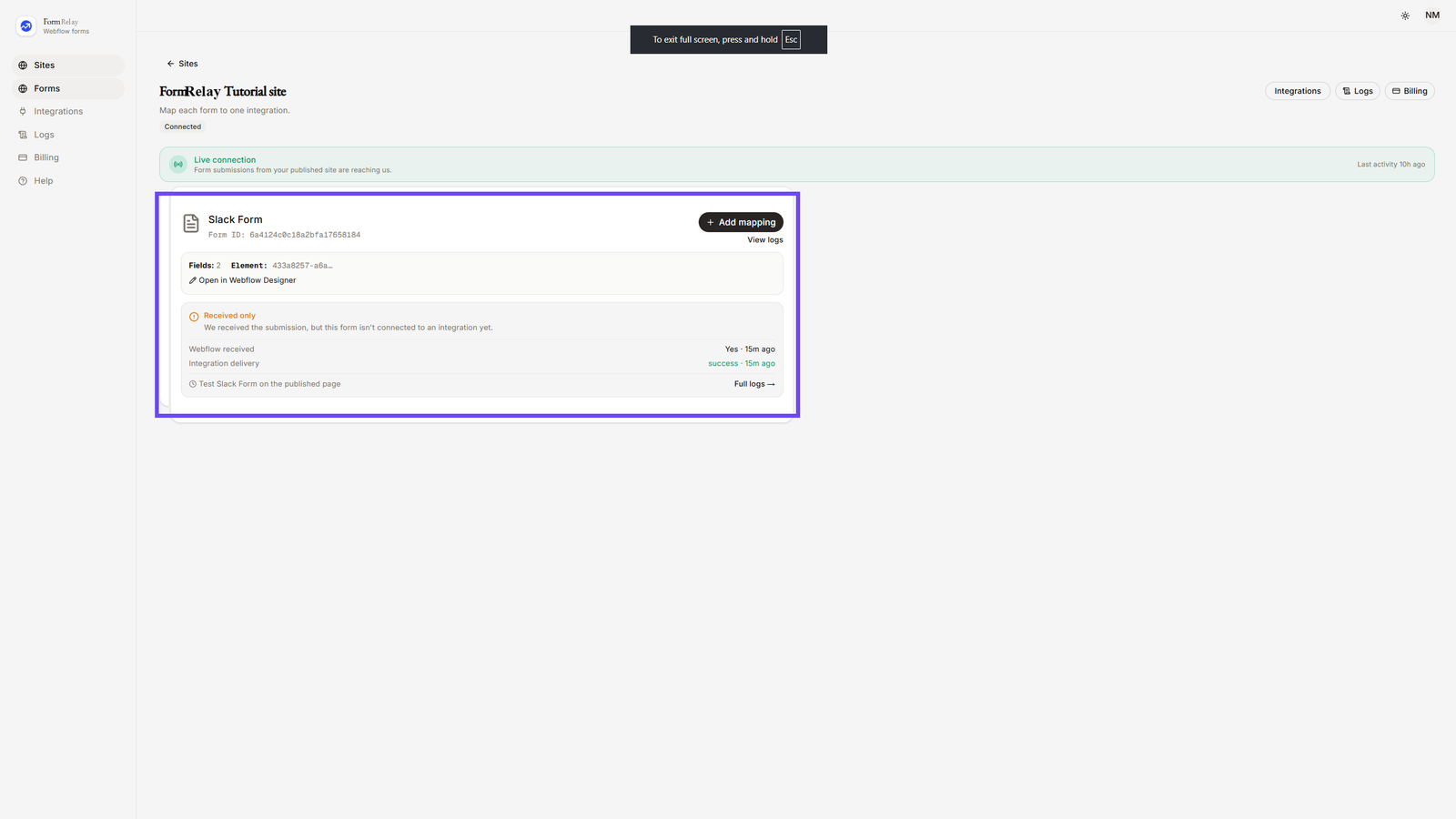 Selecting Slack Form in App Dashboard