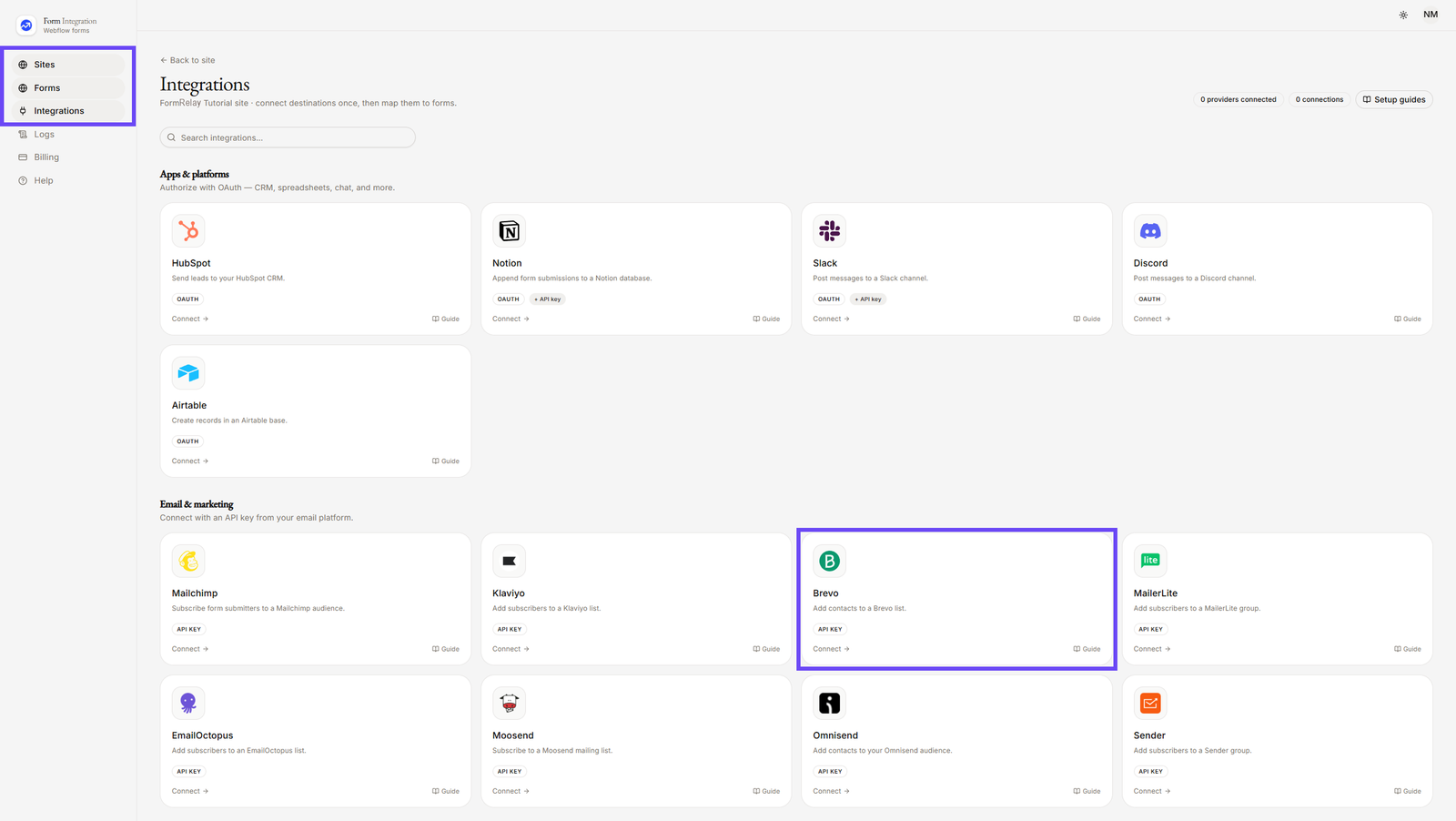 On Integration menu selecting Brevo