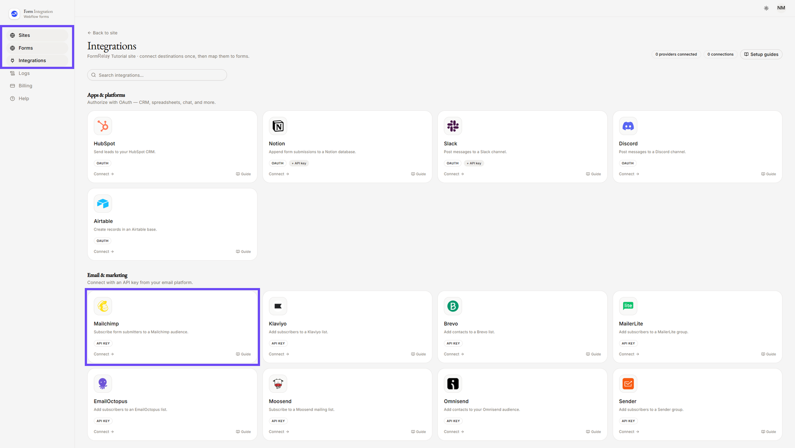 On Integration menu selecting mailchimp