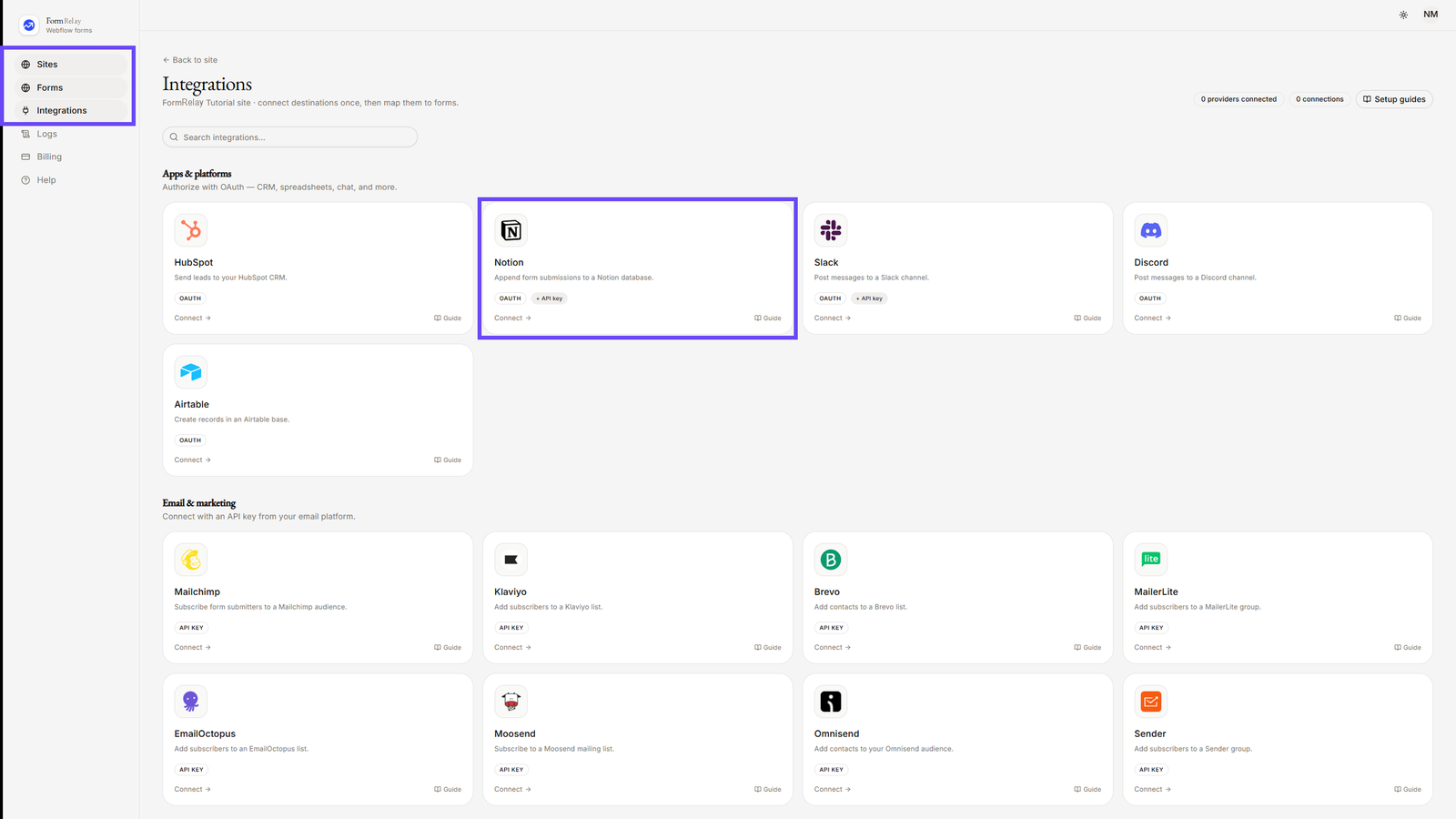 On Integration menu selecting Notion