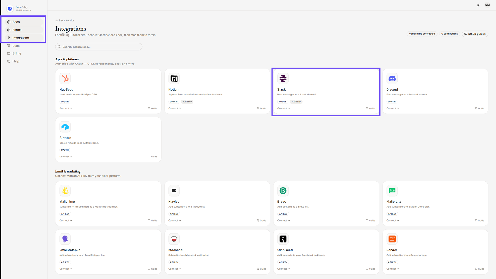 On Integration menu selecting Slack
