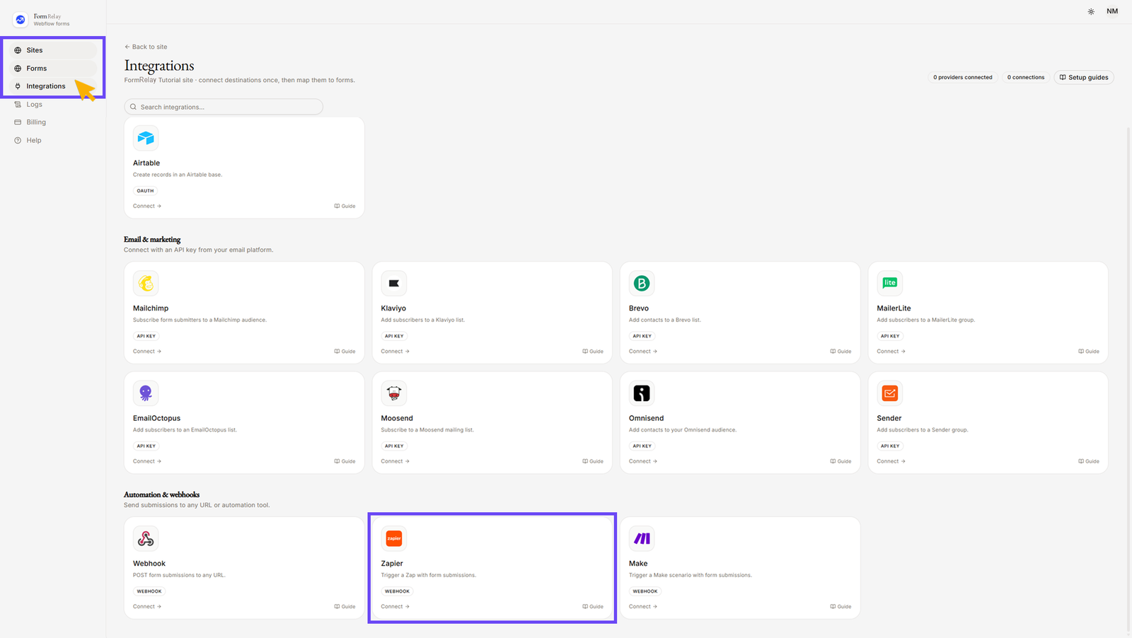 On Integration menu selecting Webhook