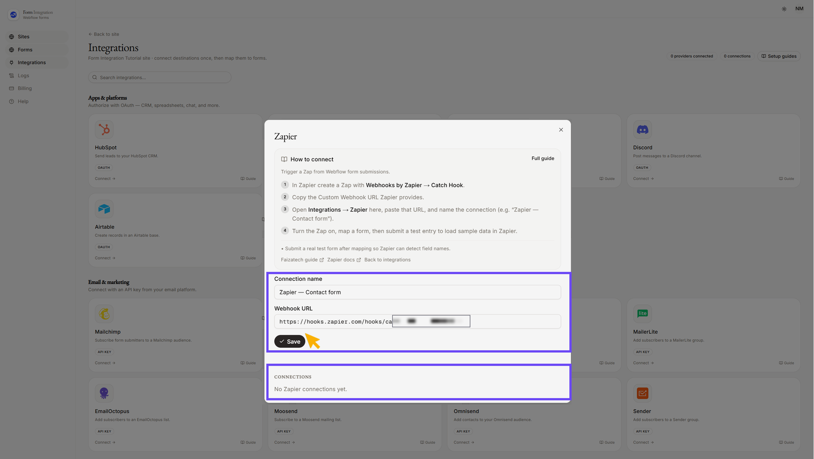 Integration Webhook popup window